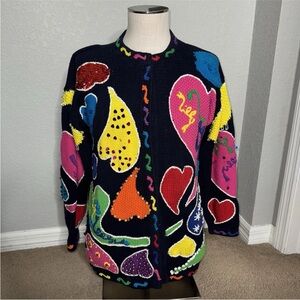 Lilly Pulitzer Beaded Heart Cardigan Sweater Large All Over Print Embroidery VTG